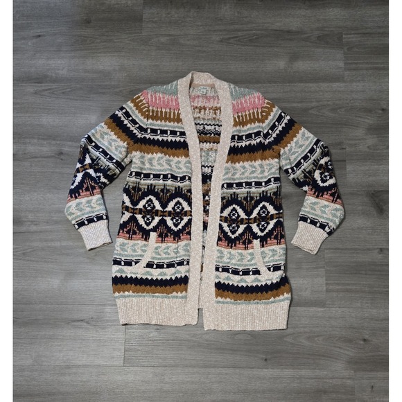 L.L. Bean Sweaters - LL Bean Womens Fair Isle Cotton Ragg Open Front Cardigan Size M Chunky Winter